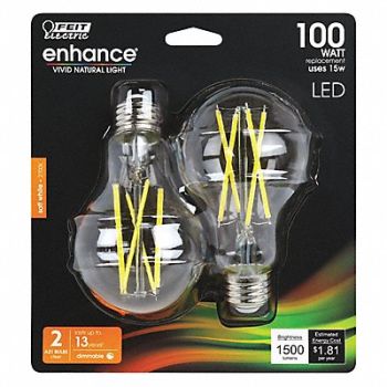 FEIT ELECTRIC LED Bulb 1500 lm 15W 120VAC 5-1/8 L PK2, 56JH32