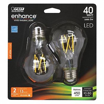 FEIT ELECTRIC LED Bulb 450 lm 5W 120VAC 4 L PK2, 56JH33