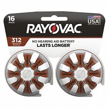 RAYOVAC Hearing Aid Bat Zinc Air 1.4VDC 312 PK16, 5AHD1