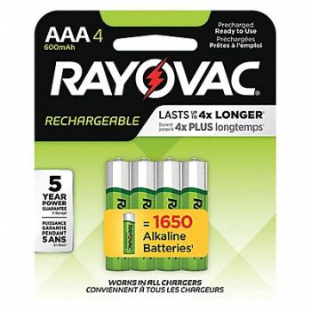 RAYOVAC Rechargeable Battery AAA 1.2VDC PK4, 5HB64