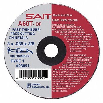 UNITED ABRASIVES-SAIT CutOff Wheel A60T 4 x.035 x1/4 19000rpm, 5LUC7
