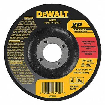 DEWALT Depressed Center Whl T27 4.5x1/4x7/8 ZA, 5TU68