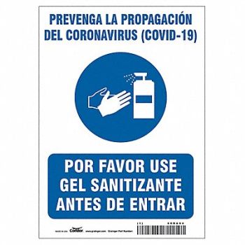 CONDOR Spanish Use Hand Sanitizer Sign 14 H, 60DA94