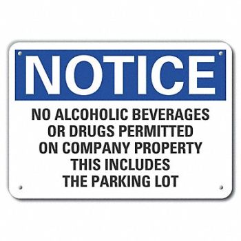 LYLE Alum No Alcohol/Drug Notice Sign 10x14in, 64NK48