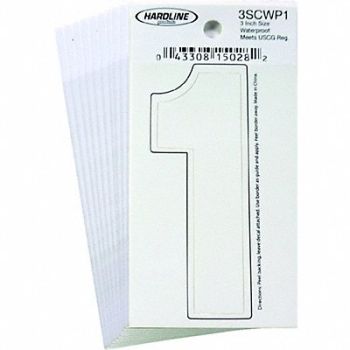 HARDLINE PRODUCTS Number 1 Decal 3 White Vinyl PK10, 65RL19