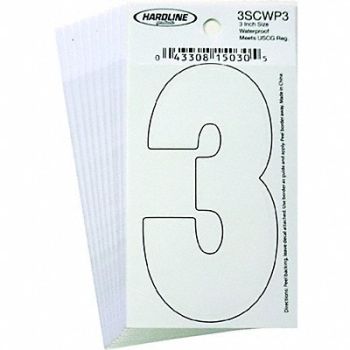 HARDLINE PRODUCTS Number 3 Decal 3 White Vinyl PK10, 65RL21
