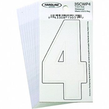 HARDLINE PRODUCTS Number 4 Decal 3 White Vinyl PK10, 65RL22