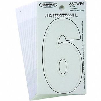 HARDLINE PRODUCTS Number 6 Decal 3 White Vinyl PK10, 65RL24