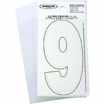 HARDLINE PRODUCTS Number 9 Decal 3 White Vinyl PK10, 65RL27