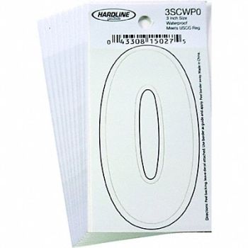 HARDLINE PRODUCTS Number 0 Decal 3 White Vinyl PK10, 65RL28