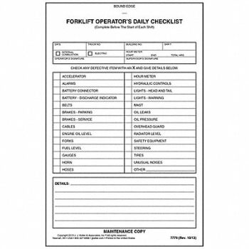 J.J. KELLER ASSOCIATES Forklift Inspection Book Paper Canary, 794LJ3