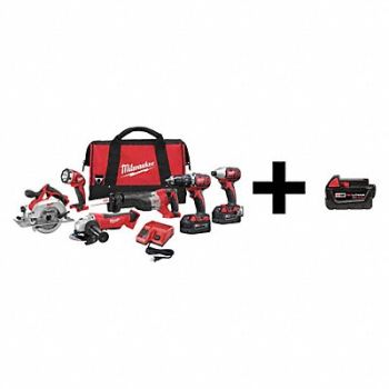 MILWAUKEE Cordless Combo Kit 18.0 V 6 Tools 3 Batt, 7DH82