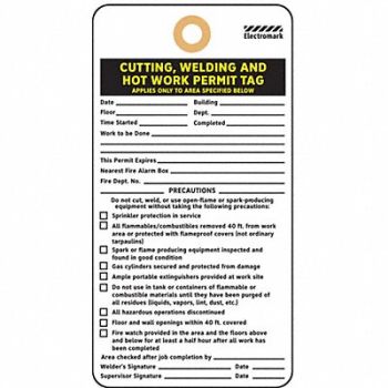 ELECTROMARK Cutting Weldng Hot Work Permit Tag PK25, 8NH76